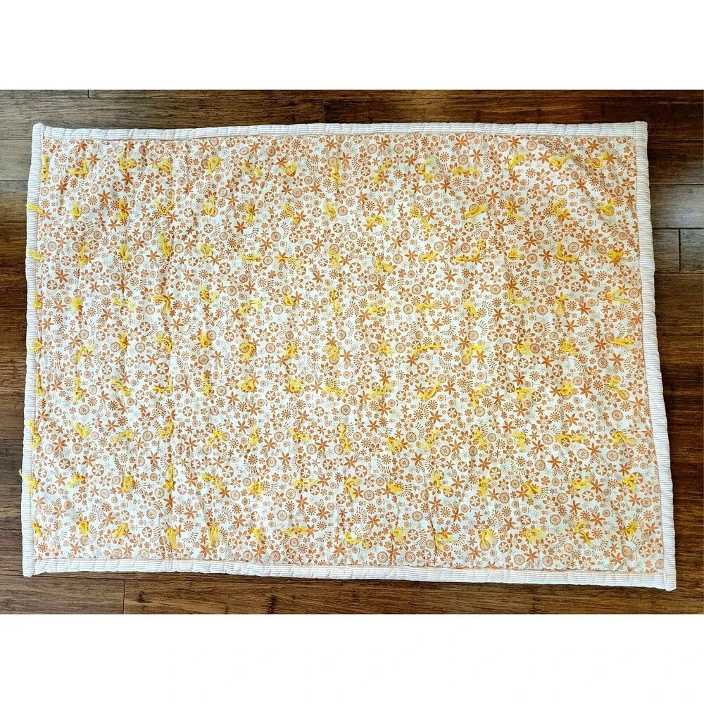 Handmade Baby Quilt Blanket Comforter White Orange Hand Tied Floral 52